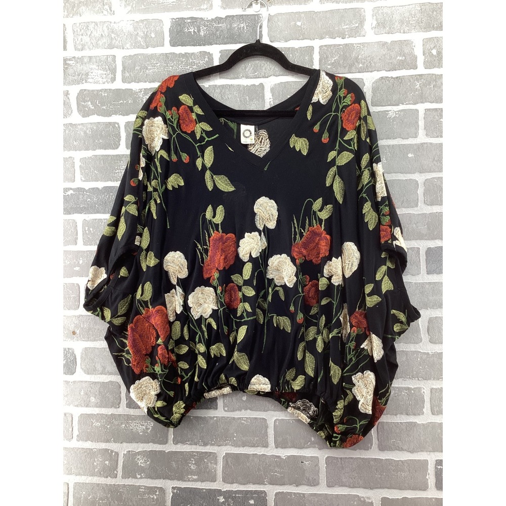 Akemi + Kin Anthropologie Floral Embroidered V-Neck Dolman Bubble Hem Top XS/S